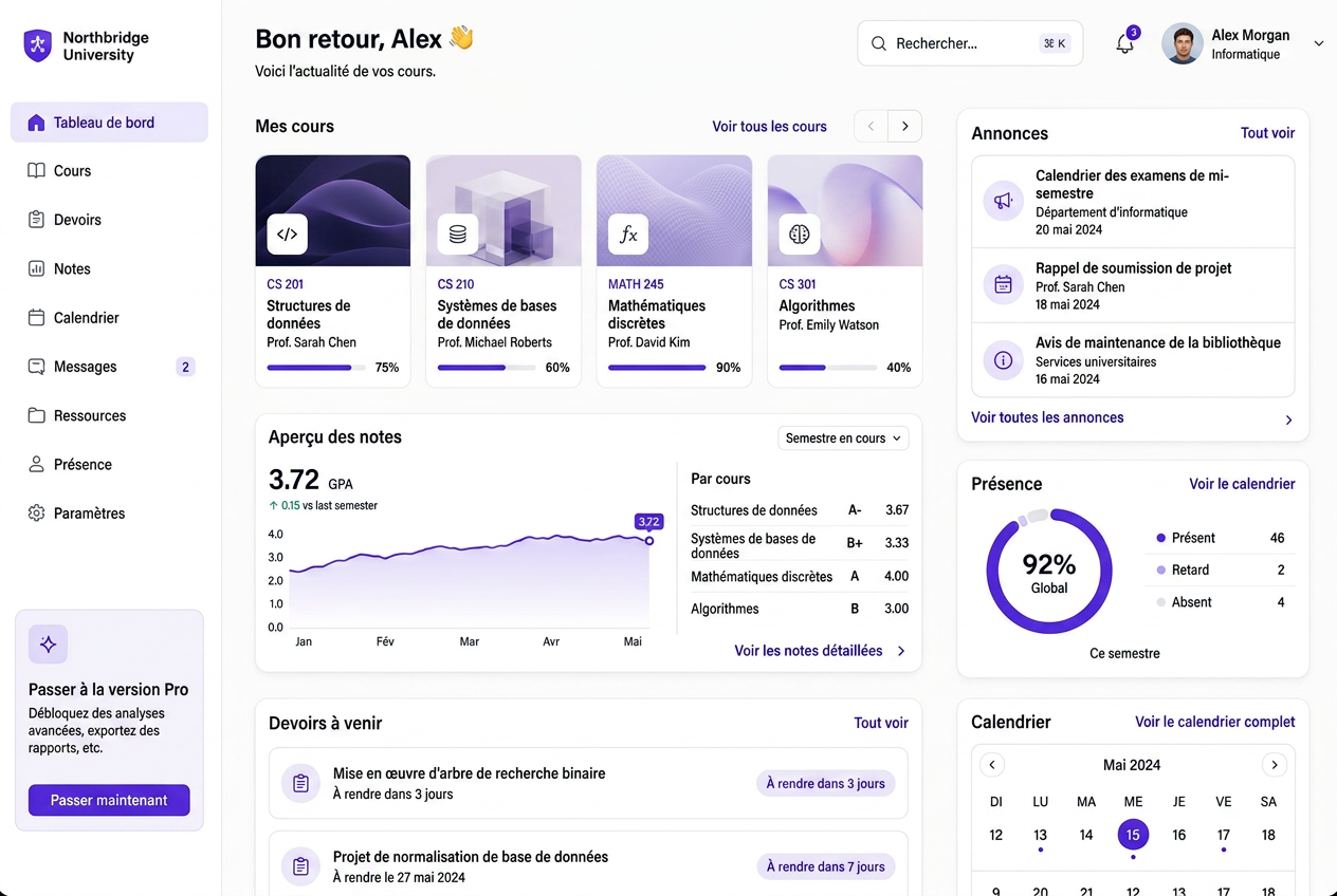La plateforme EduNova affichant les cours, devoirs, notes et annonces
