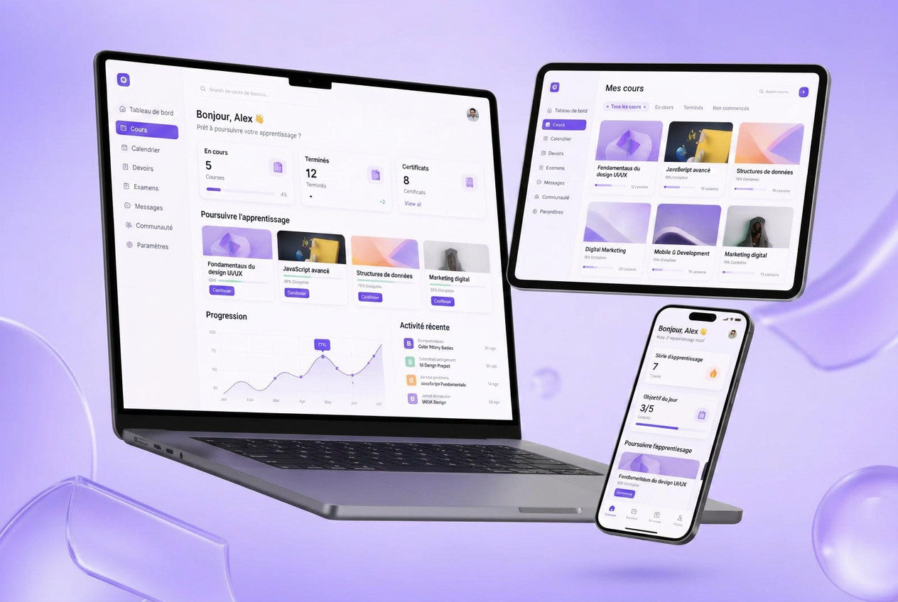 La plateforme EduNova affichée sur un ordinateur portable, une tablette et un smartphone